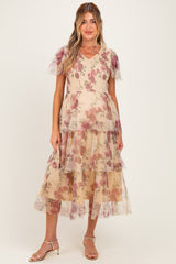 Yellow Floral Print Smocked Tiered Maternity Midi Dress