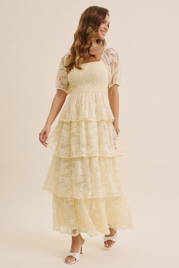 Butter Cream Lace Tiered Smocked Midi Dress