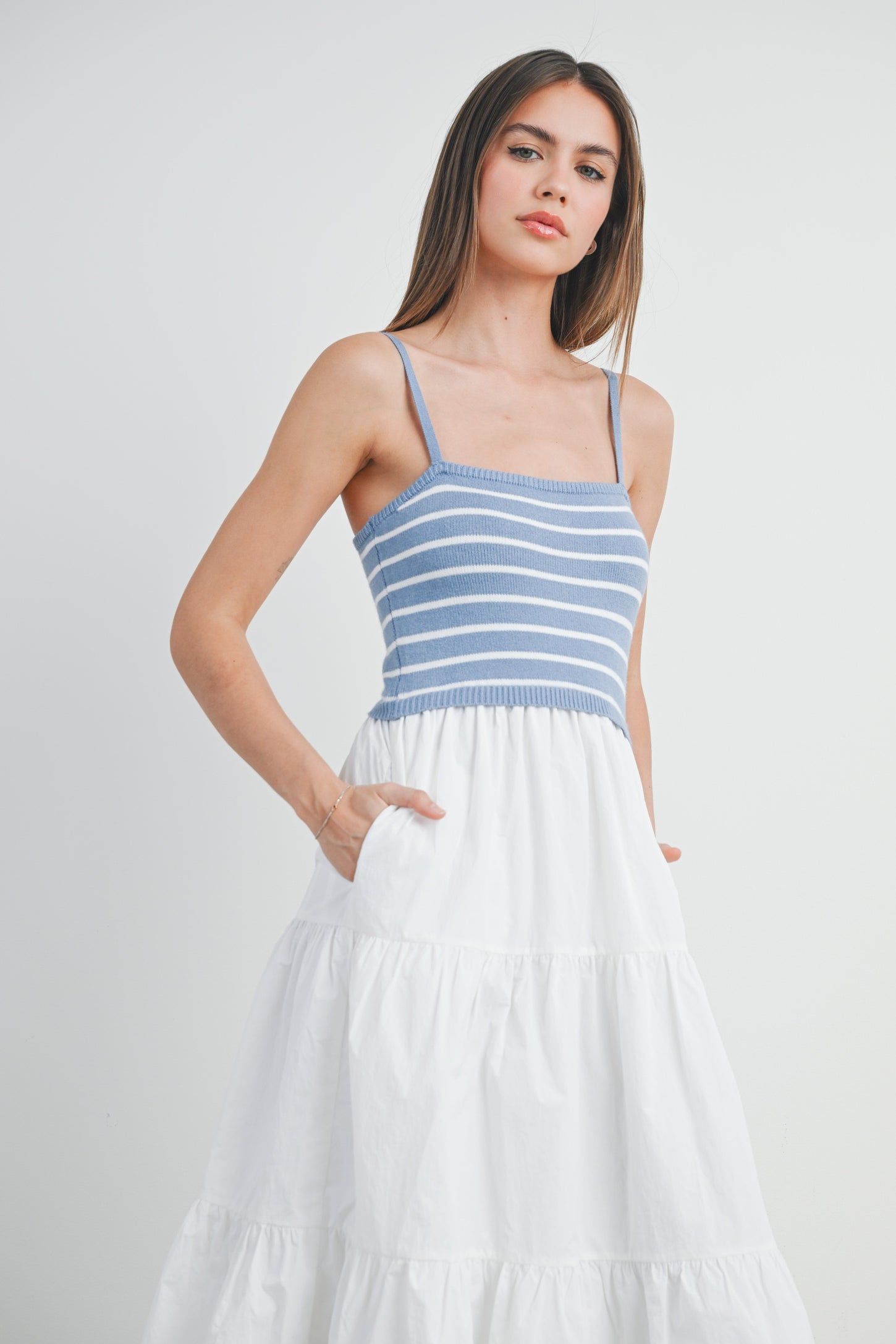 Blue Striped Knit Top Tiered Midi Dress