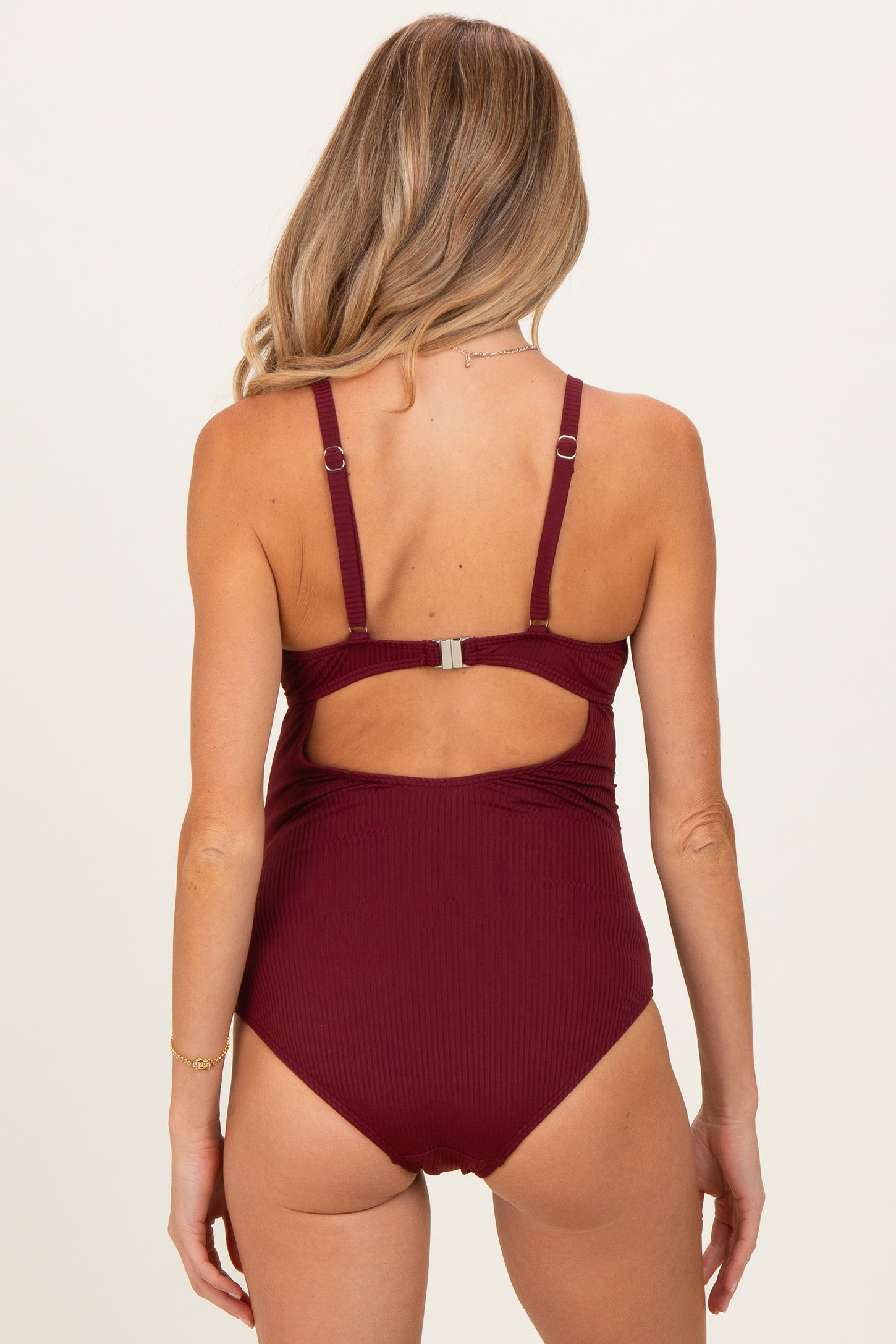Dark Red Ribbed O-Ring Strap Cutout Back One Piece Maternity Swimsuit