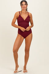 Dark Red Ribbed O-Ring Strap Cutout Back One Piece Swimsuit
