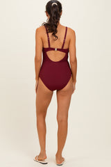 Dark Red Ribbed O-Ring Strap Cutout Back One Piece Swimsuit