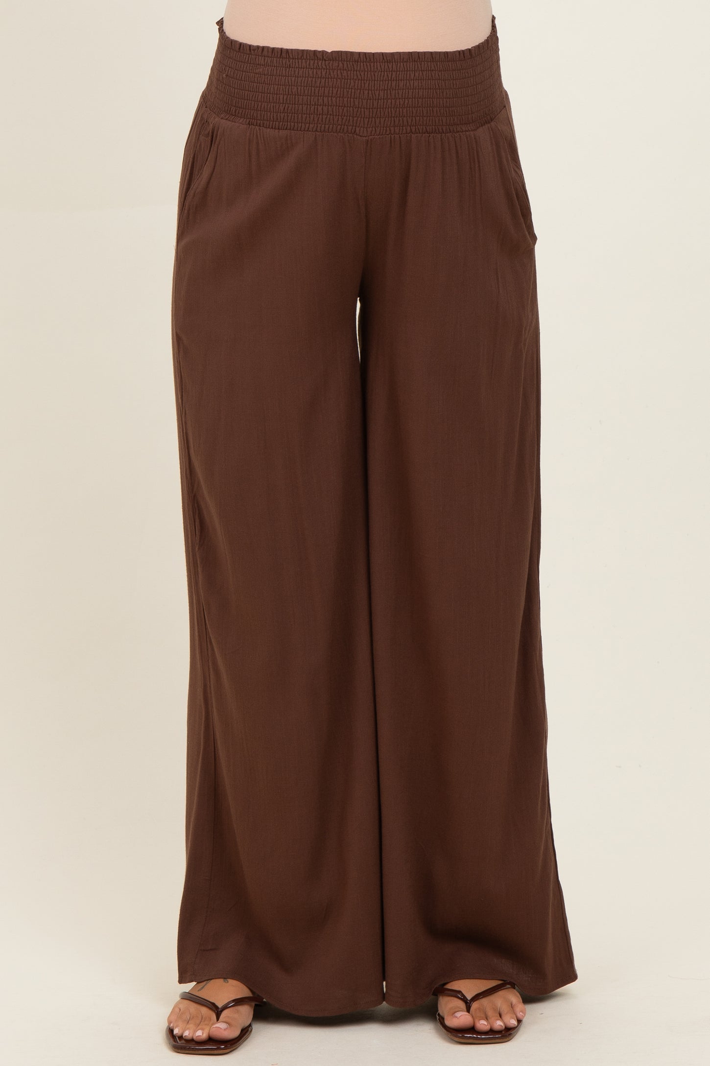 Brown Smocked Waistband Wide Leg Maternity Lounge Pants