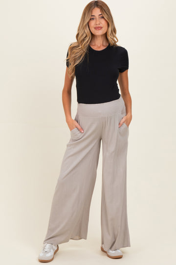 Beige Smocked Waistband Wide Leg Maternity Lounge Pants