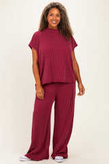 Burgundy Plus Raised Rib Short Sleeve Tee & Pants Set