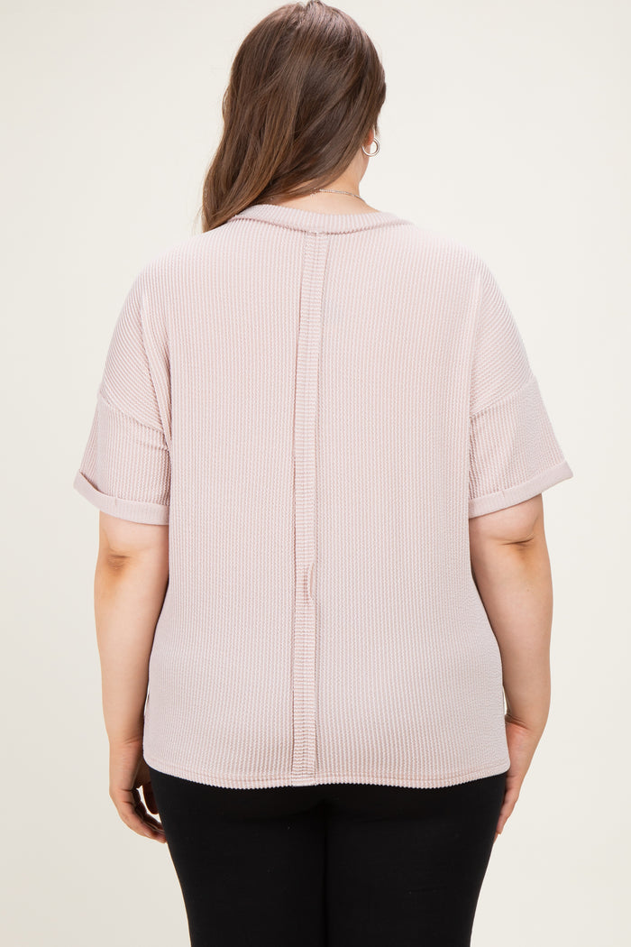 Beige Plus Raised Rib Short Sleeve Front Pocket Maternity Top
