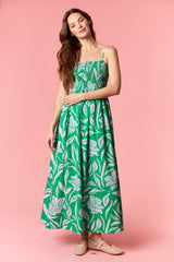 Kelly Green Floral Smocked Midi Dress