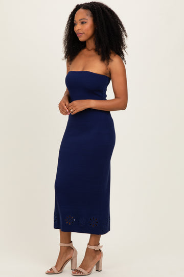 Navy Strapless Laser Cut Lace Floral Detail Dress