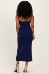 Navy Strapless Laser Cut Lace Floral Detail Dress