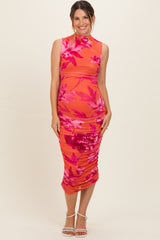 Orange Floral Ruched High Neck Maternity Midi Dress