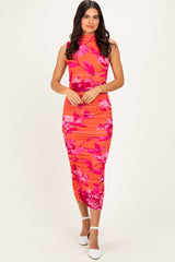 Orange Floral Ruched High Neck Midi Dress