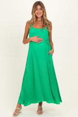 Green Sleeveless Flower Belt Maxi Dress