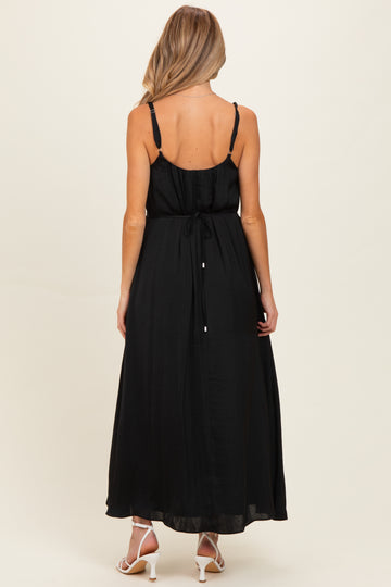 Black Sleeveless Flower Belt Maxi Dress