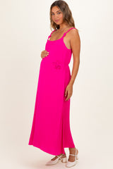 Hot Pink Sleeveless Flower Belt Maxi Dress