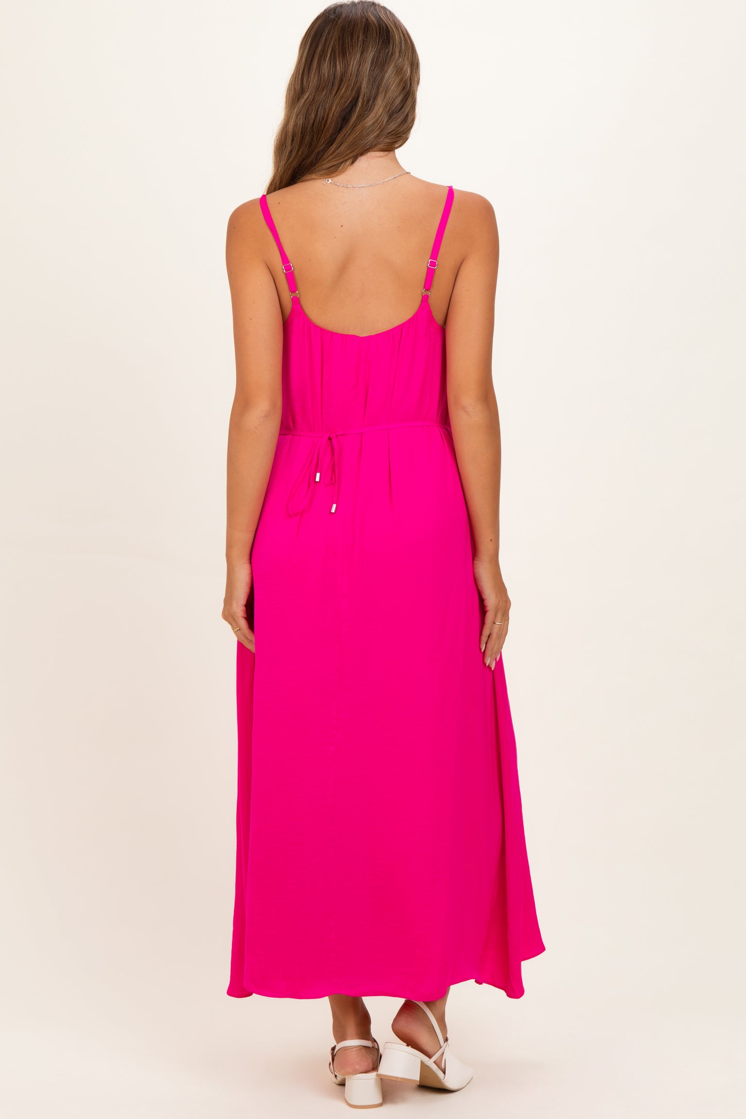 Hot Pink Sleeveless Flower Belt Maxi Dress
