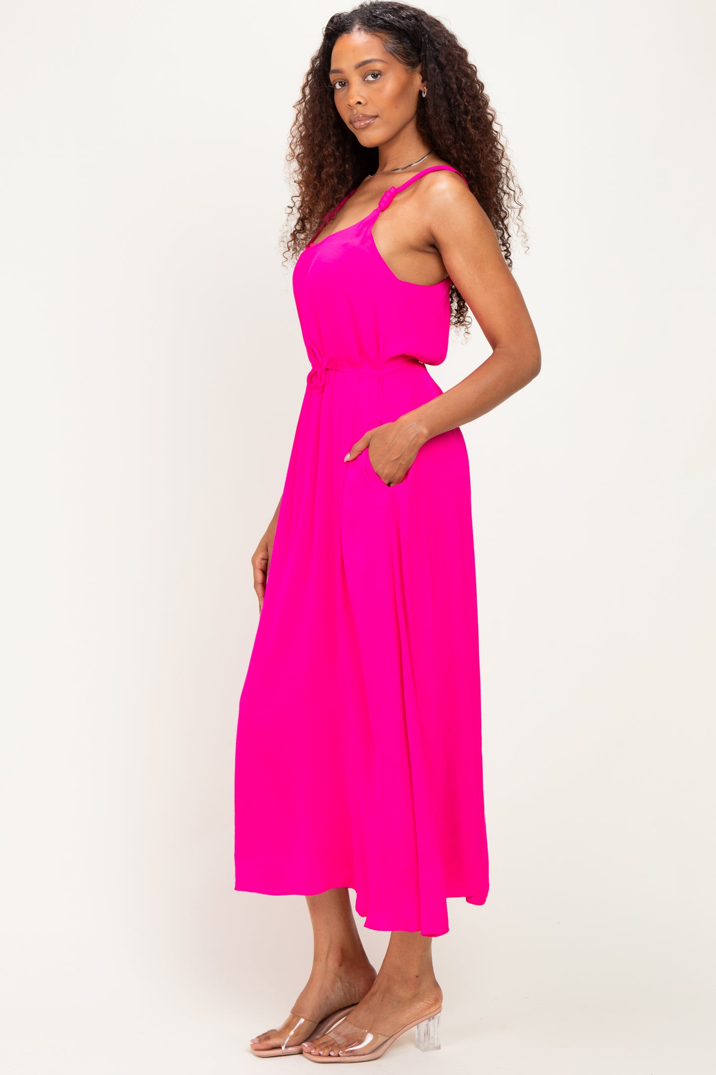Hot Pink Sleeveless Flower Belt Dress