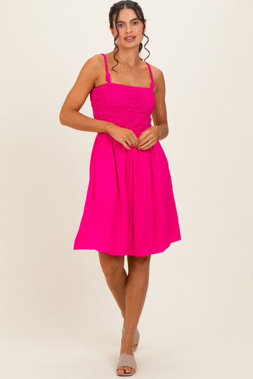 Hot Pink Knot Detail Smocked Mini Dress