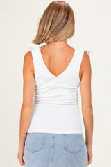 White Bow Tie Detail Sleeveless V Neck Ribbed Maternity Top