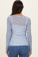 Blue Daisy Print Mesh Long Sleeve Sheer Top