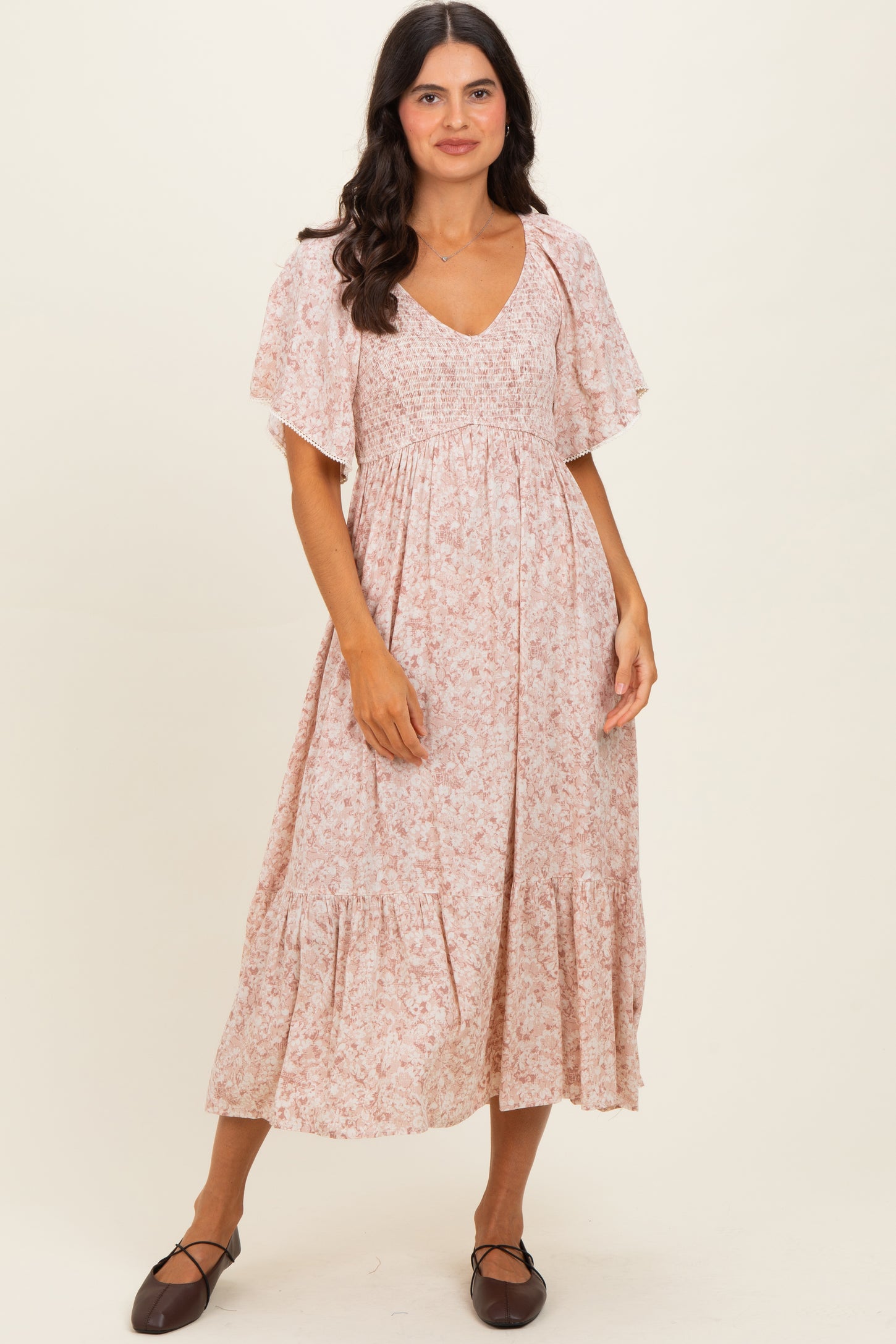 Mauve Flutter Sleeve Floral Print Smocked Chest Ruffled Hem Dress