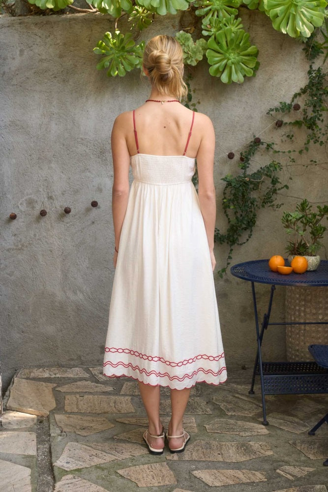 Red Floral Embroidery Scalloped Midi Dress