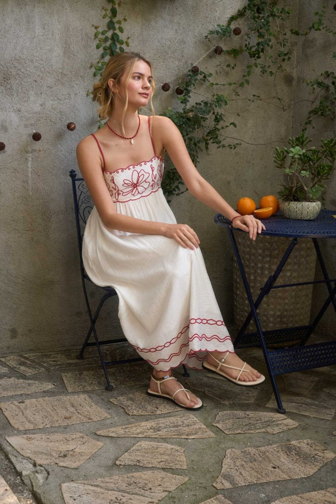 Red Floral Embroidery Scalloped Midi Dress