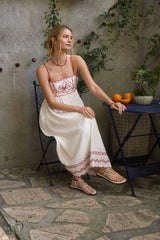 Red Floral Embroidery Scalloped Midi Dress