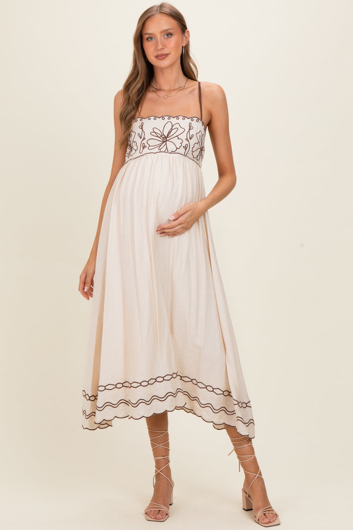 Brown Floral Embroidery Scalloped Midi Dress