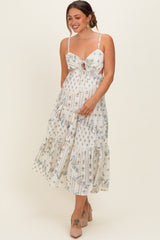 Ivory Floral Tiered Front Tie Maternity Midi Dress