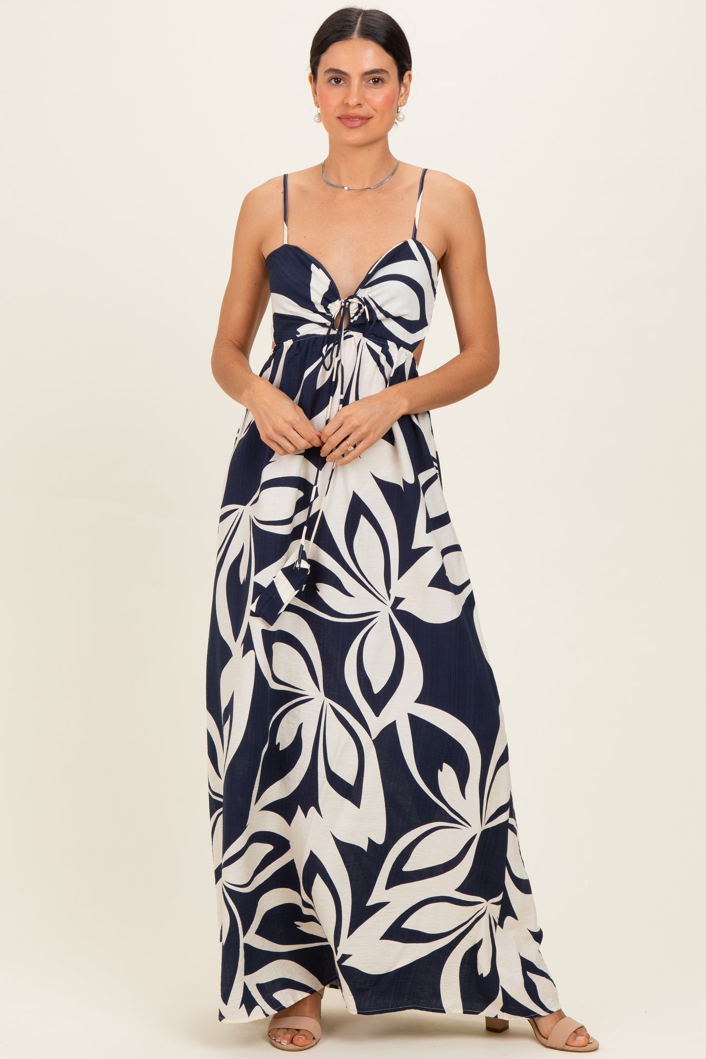 Navy Floral Cutout Halter Maternity Maxi Dress