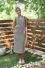 Brown Striped Knit Midi Henley Tank Dress