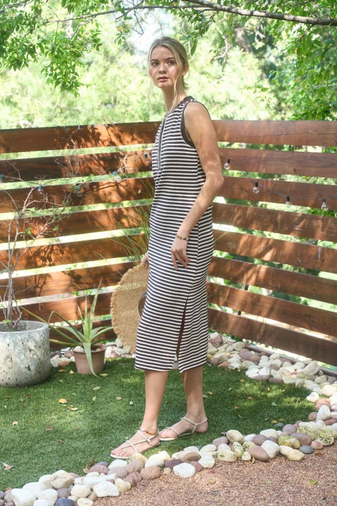 Brown Striped Knit Midi Henley Tank Dress