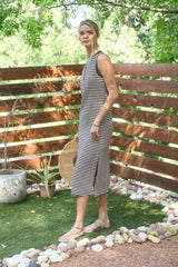 Brown Striped Knit Midi Henley Tank Dress