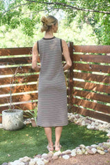 Brown Striped Knit Midi Henley Tank Dress