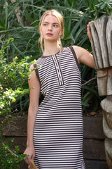 Brown Striped Knit Midi Henley Tank Dress