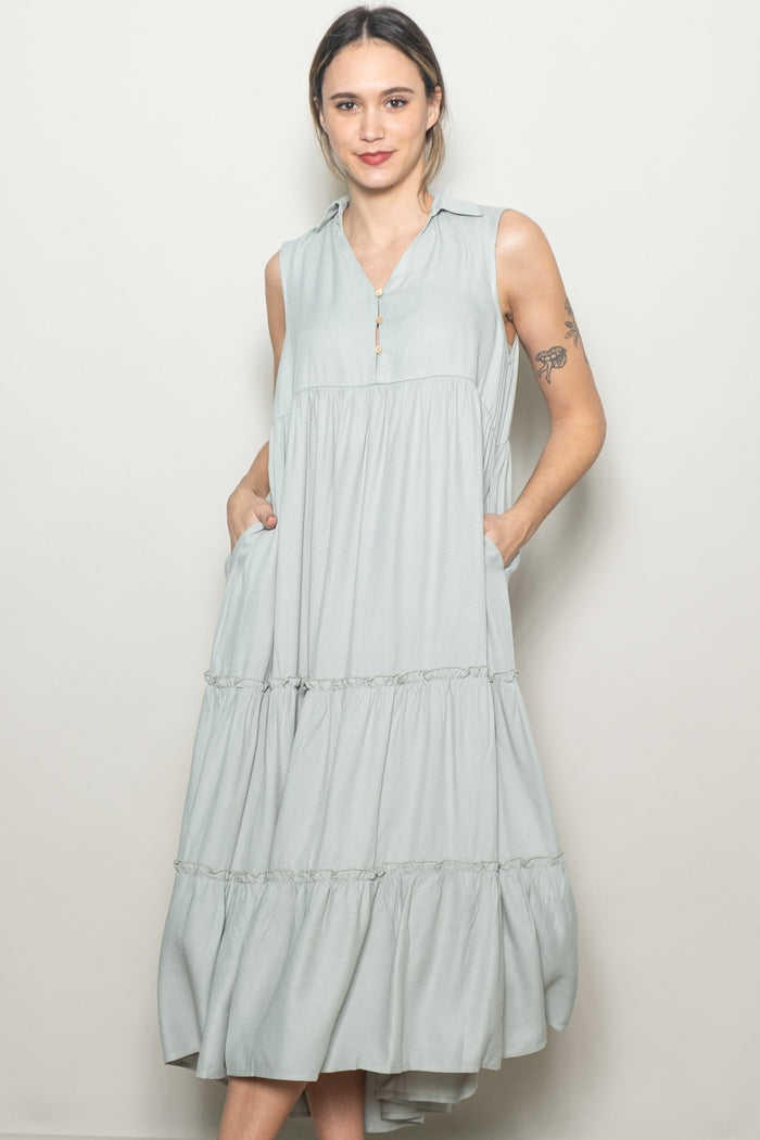 Seafoam Sleeveless Button Up Tiered Maternity Maxi Dress