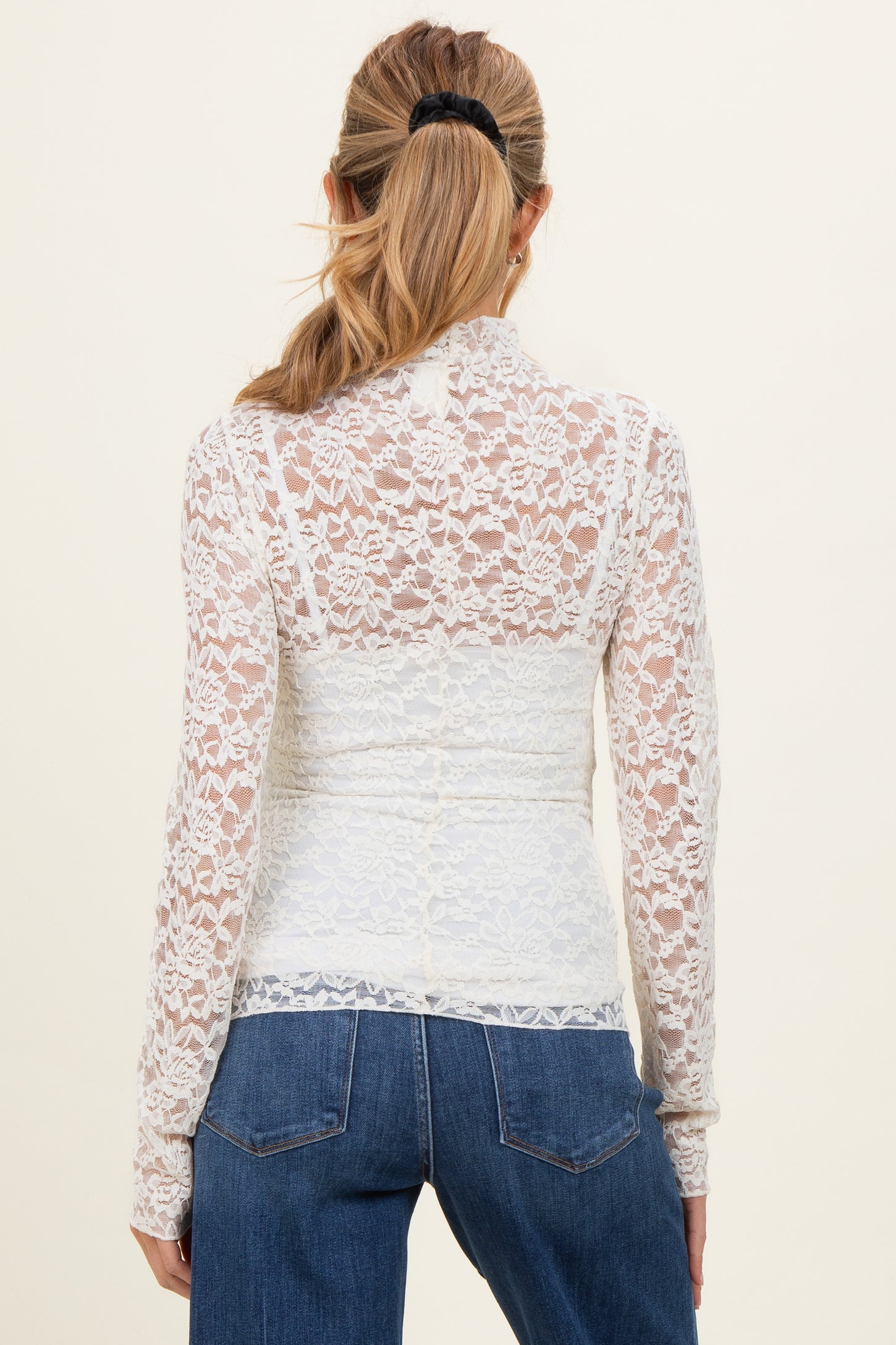 Ivory High Neck Fitted Sheer Lace Maternity Top