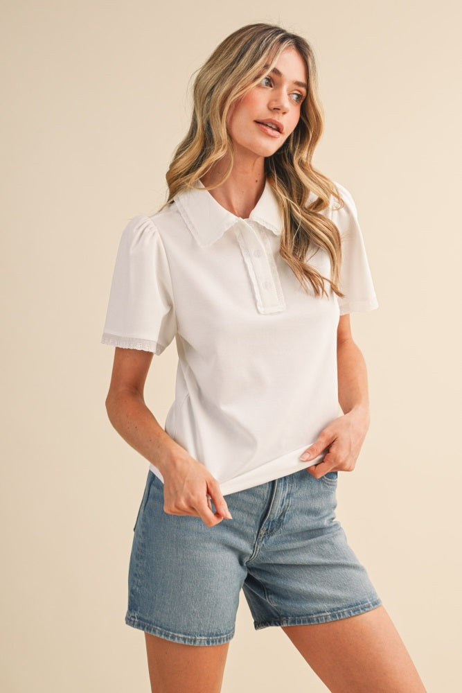 White Lace Trim Polo Shirt