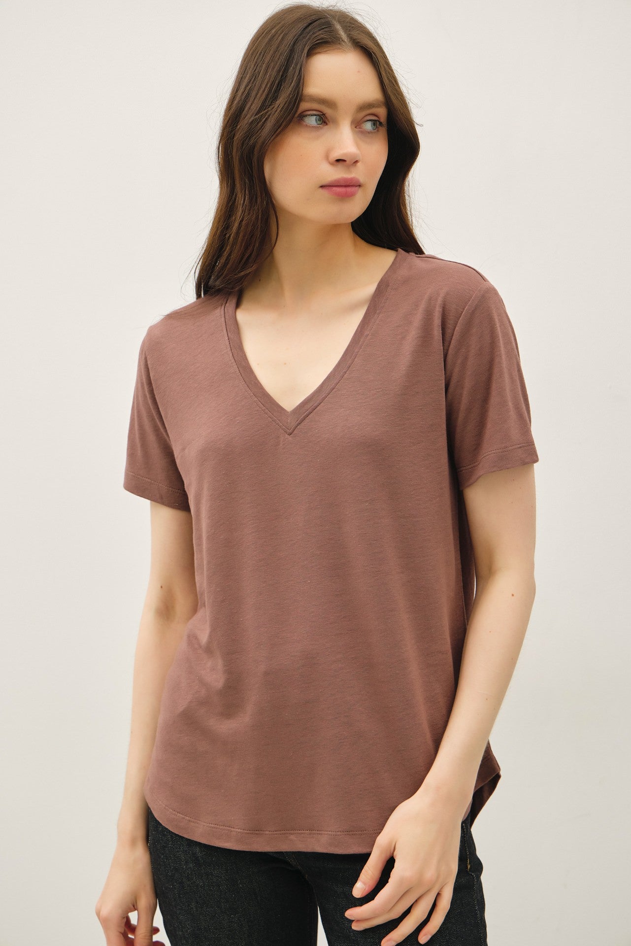 Choco Linen Blend V-Neck Short Sleeve T-Shirt