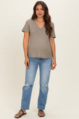 Olive Linen Blend V-Neck Short Sleeve Maternity T-Shirt