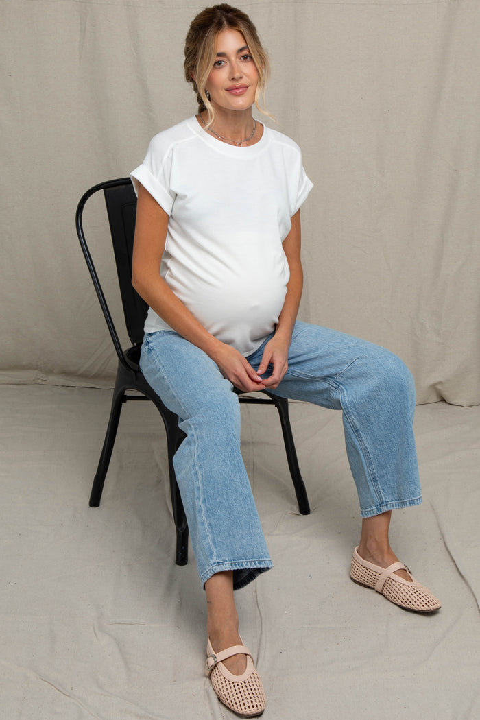 Ivory Rolled Cuff Sleeve Relaxed Fit Maternity Tee