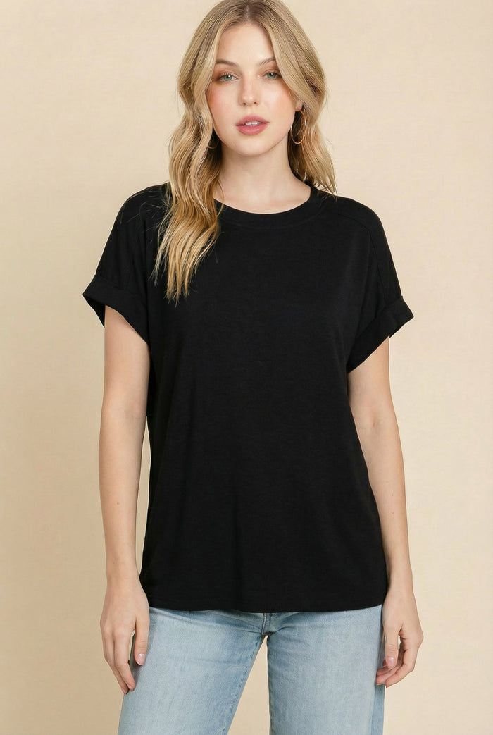 Black Rolled Cuff Sleeve Relaxed Fit Maternity Tee