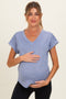 Blue Ribbed V-Neck Short Sleeve Maternity Top