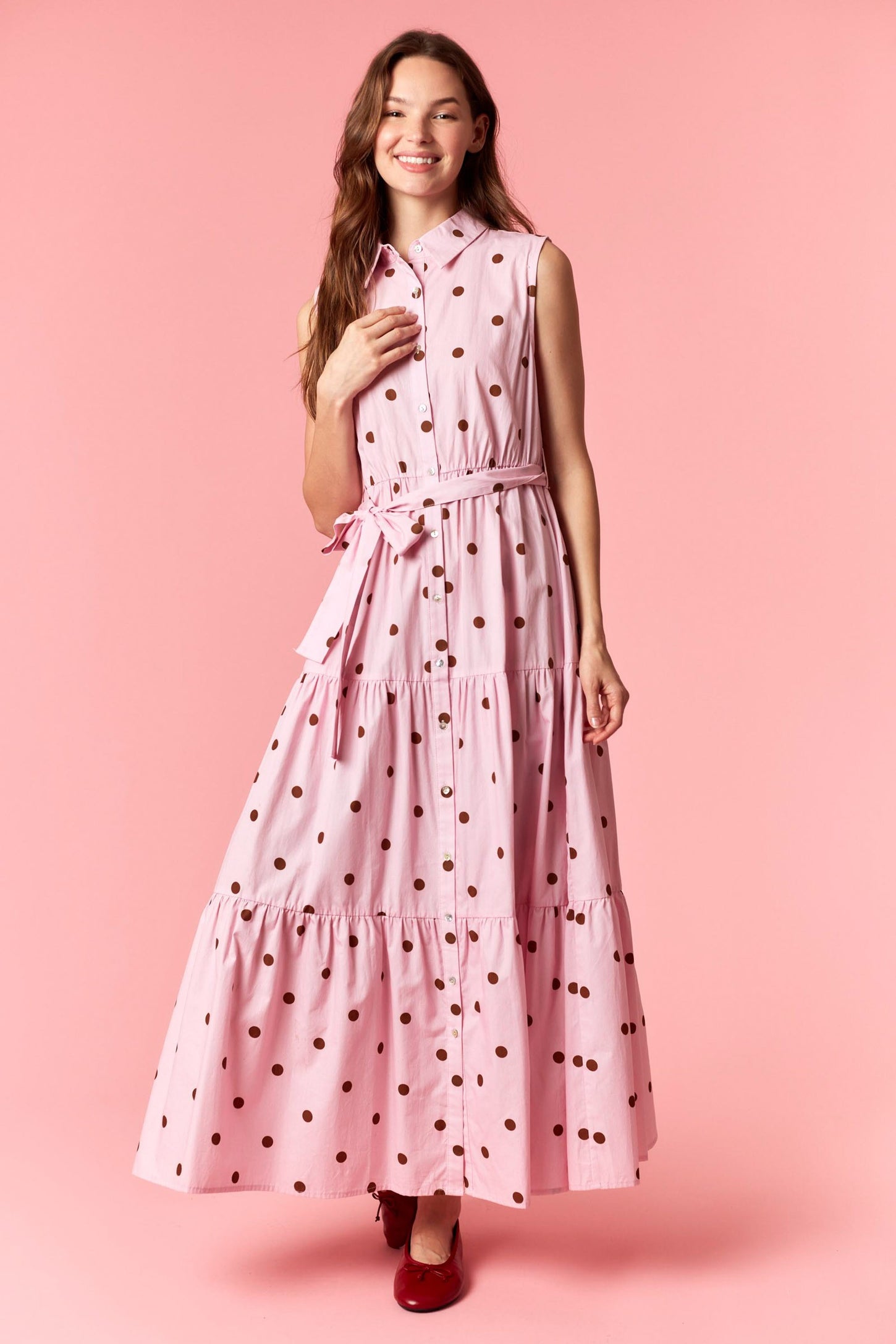Light Pink Polka Dot Sleeveless Poplin Shirt Dress