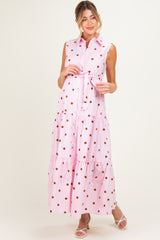 Light Pink Polka Dot Sleeveless Poplin Maternity Shirt Dress
