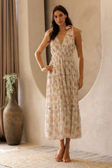 White Floral Shoulder Tie Deep V-Neck Tiered Maxi Dress