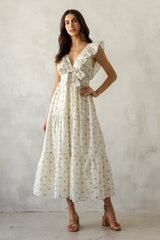 Cream Floral Front Bow Open Back Midi Dress