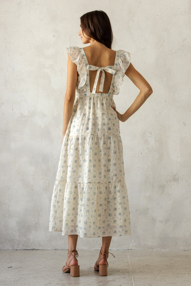 Cream Floral Front Bow Open Back Midi Dress