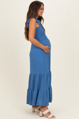 Blue Ruffle Strap Smocked Maternity Maxi Dress