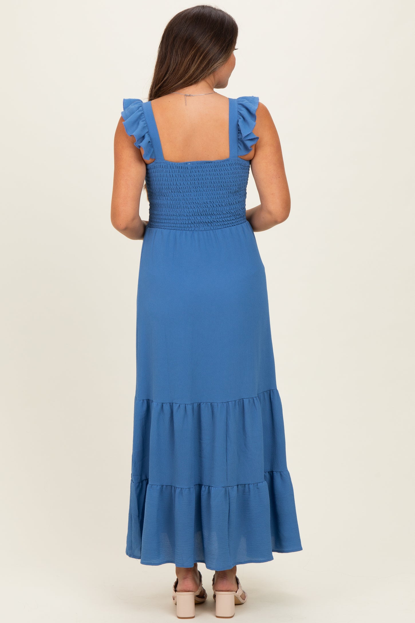 Blue Ruffle Strap Smocked Maternity Maxi Dress